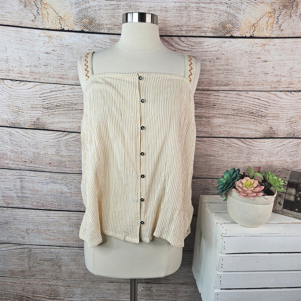 5/$25 Roxy Women XL Tan Pinstripe Embroidered Strap Button Front Tank Top
